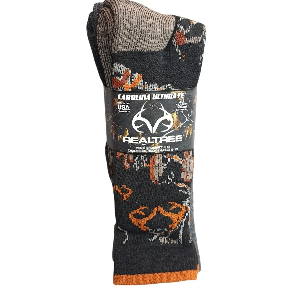 Carolina Ultimate RealTree 2 Pairs Black Camo Socks Men's Shoe 9-13 Made In‎ USA